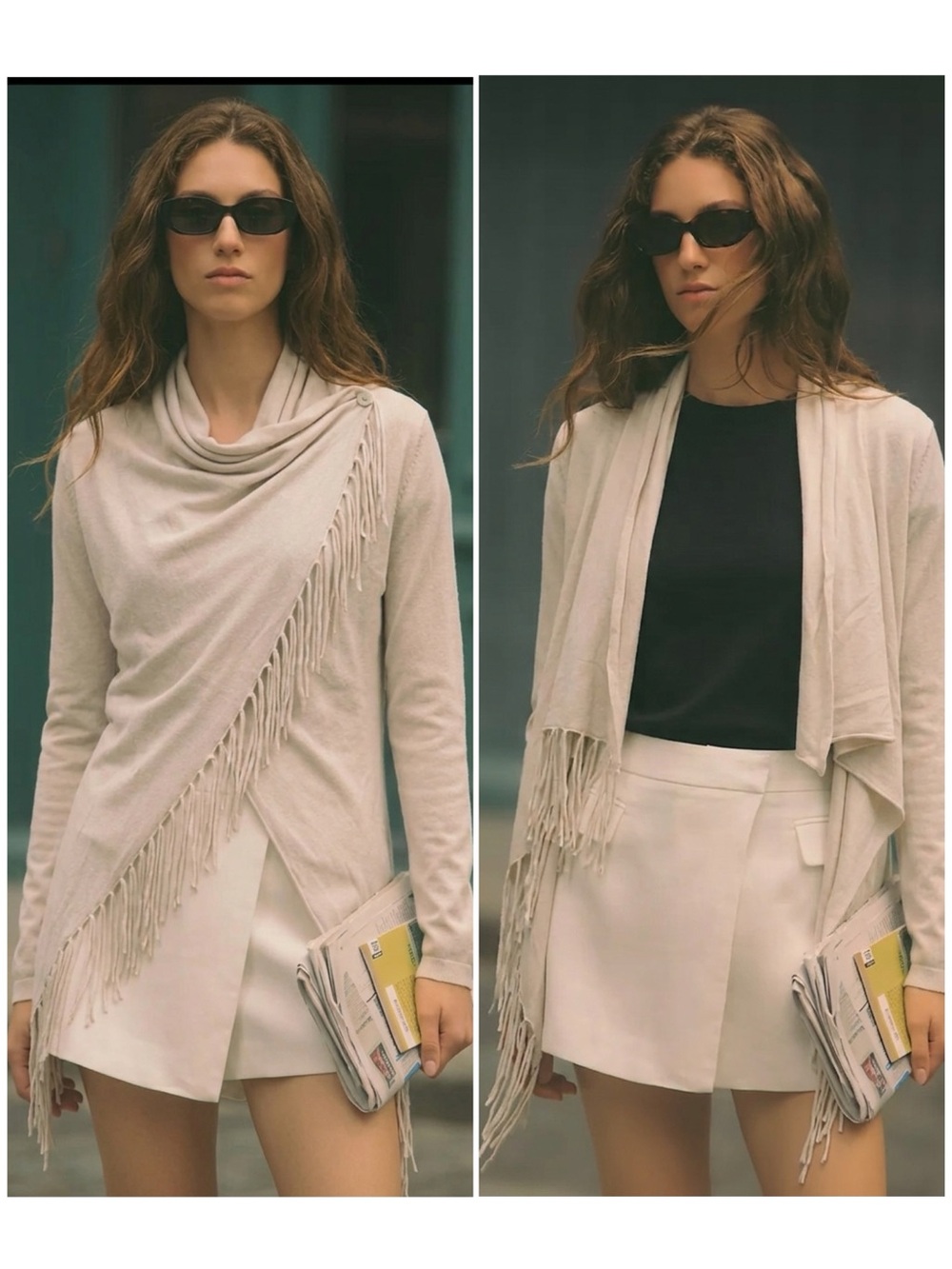Lovestitch Cream Fringe Asymmetric Cardigan Sweater Size Large Boho Old Money